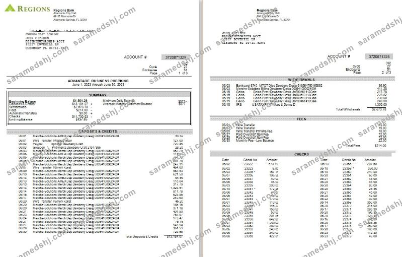 USA Regions bank statement Word and PDF template, 3 pages, version 2